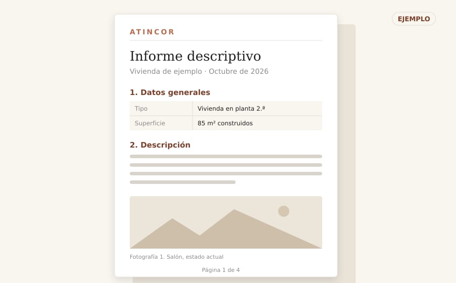 Ejemplo de informe descriptivo maquetado con datos generales, descripción y fotografía
